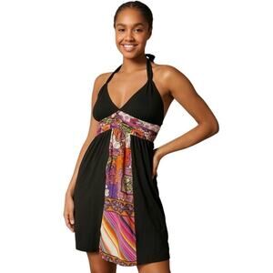 SINGLE DRESS NWT Black Halter Dress with 100% Silk Multicolor Accent Size Medium